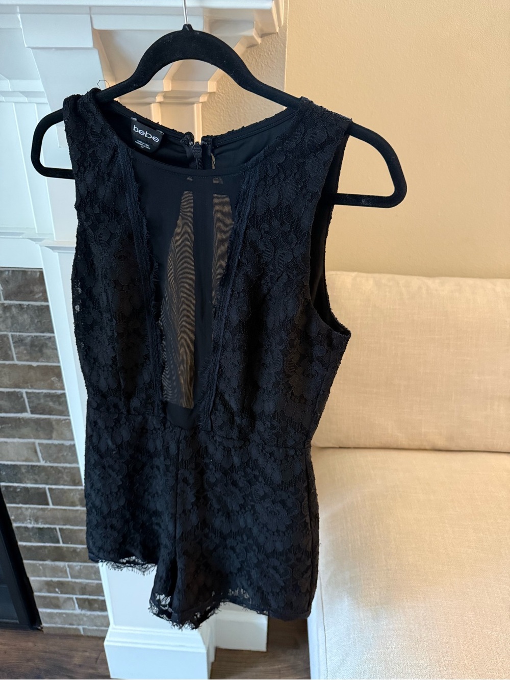 bebe Black Lace Camisole Romper with Sheer Front